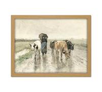 Artery8 Mauve Herdess With Cows Country Road Rain Painting Artwork Framed Wall Art Print 18X24 Inch