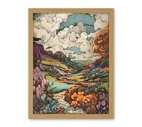 Artery8 Meadow River Multicoloured Landscape Illustration Artwork Framed Wall Art Print 18X24 Inch