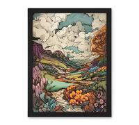 Artery8 Meadow River Multicoloured Landscape Illustration Artwork Framed Wall Art Print 18X24 Inch