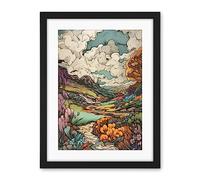Artery8 Meadow River Multicoloured Landscape Illustration Artwork Framed Wall Art Print 18X24 Inch
