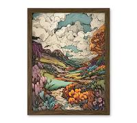 Artery8 Meadow River Multicoloured Landscape Illustration Artwork Framed Wall Art Print 18X24 Inch