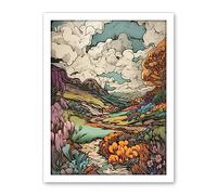 Artery8 Meadow River Multicoloured Landscape Illustration Artwork Framed Wall Art Print 18X24 Inch