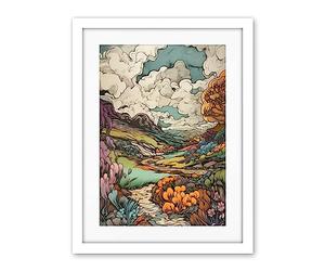 Artery8 Meadow River Multicoloured Landscape Illustration Artwork Framed Wall Art Print 18X24 Inch