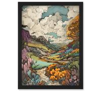 Artery8 Meadow River Multicoloured Landscape Illustration Artwork Framed Wall Art Print A4