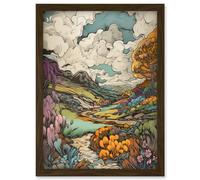 Artery8 Meadow River Multicoloured Landscape Illustration Artwork Framed Wall Art Print A4