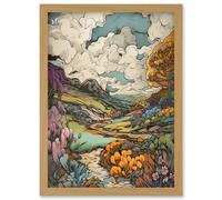 Artery8 Meadow River Multicoloured Landscape Illustration Artwork Framed Wall Art Print A4 in Light Oak Artery8 Light Oak