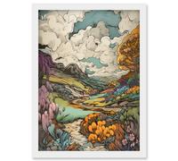 Artery8 Meadow River Multicoloured Landscape Illustration Artwork Framed Wall Art Print A4