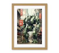 Artery8 Mecha Robot in City Street Anime Sci-Fi Artwork Red Green Giant Humanoid Machine Fantasy Science Fiction Artwork Framed Wall Art Print 18X24 Inch