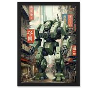 Wall Art Print Mecha Robot in City Street Anime Sci-Fi Artwork Red Green Giant Humanoid Machine Fantasy Science Fiction Artwork Framed A4 Artery8 Black A4