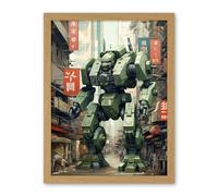 Artery8 Mecha Robot in City Street Anime Sci-Fi Artwork Red Green Giant Humanoid Machine Fantasy Science Fiction Artwork Framed Wall Art Print 18X24 Inch