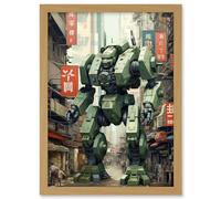 Artery8 Mecha Robot in City Street Anime Sci-Fi Artwork Red Green Giant Humanoid Machine Fantasy Science Fiction Artwork Framed A3 Wall Art Print