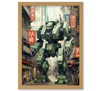 Wall Art Print Mecha Robot in City Street Anime Sci-Fi Artwork Red Green Giant Humanoid Machine Fantasy Science Fiction Artwork Framed A4 Artery8 Light Oak A4