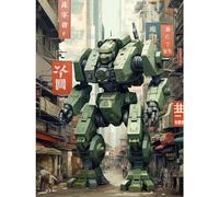 Artery8 Mecha Robot in City Street Anime Sci-Fi Artwork Red Green Giant Humanoid Machine Fantasy Science Fiction Large Wall Art Poster Print Thick Paper 18X24 Inch
