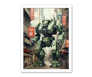Artery8 Mecha Robot in City Street Anime Sci-Fi Artwork Red Green Giant Humanoid Machine Fantasy Science Fiction Artwork Framed Wall Art Print 18X24 Inch