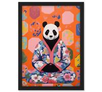 Artery8 Meditating Panda Meditation Yogi in Floral Kimono Conceptual Art Vibrant Bold Colourful Acrylic Painting Artwork Framed A3 Wall Art Print