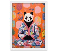 Artery8 Meditating Panda Meditation Yogi in Floral Kimono Conceptual Art Vibrant Bold Colourful Acrylic Painting Artwork Framed A3 Wall Art Print