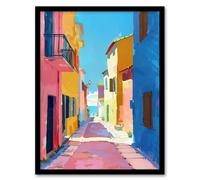 Artery8 Mediterranean Street Spain Painting Seaside Framed Art Print | Size: A4 Artery8 Multicolor A4