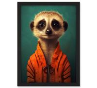 Artery8 Meercat Portrait Orange Quilted Jacket on Teal Background Modern Artwork Framed A3 Wall Art Print