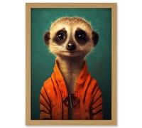 Artery8 Meercat Portrait Orange Quilted Jacket on Teal Background Modern Artwork Framed Wall Art Print A4