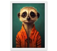 Artery8 Meercat Portrait Orange Quilted Jacket on Teal Background Modern Artwork Framed Wall Art Print A4