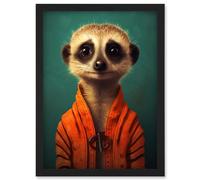 Wall Art Print Meercat Portrait Orange Quilted Jacket on Teal Background Modern Artwork Framed A4 Artery8 Black A4
