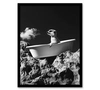 Artery8 Meerkat in Bathtub on a Rock Black White Surreal Framed Art Print in Grey | Size: A4 Artery8 Grey A4
