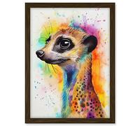 Artery8 Meerkat Multicoloured Portrait Watercolour Painting Artwork Framed A3 Wall Art Print