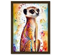 Artery8 Meerkat With Multicolour Pattern Fur Folk Art Watercolour Painting Artwork Framed A3 Wall Art Print