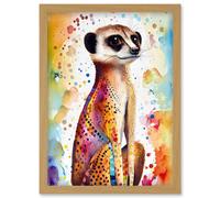 Artery8 Meerkat With Multicolour Pattern Fur Folk Art Watercolour Painting Artwork Framed Wall Art Print A4 in Light Oak Artery8 Light Oak