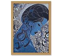 Artery8 Melancholy in Blue Woman Modern Folk Art Portrait Artwork Framed A3 Wall Art Print