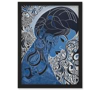 Artery8 Melancholy in Blue Woman Modern Folk Art Portrait Artwork Framed Wall Art Print A4