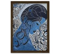 Artery8 Melancholy in Blue Woman Modern Folk Art Portrait Artwork Framed Wall Art Print A4