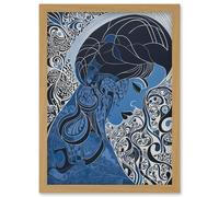 Artery8 Melancholy in Blue Woman Modern Folk Art Portrait Artwork Framed Wall Art Print A4