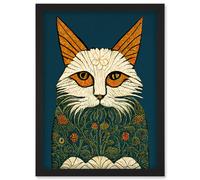 Artery8 Melancholy Moggie Cat Illustration William Morris Style Teal Gold Artwork Framed Wall Art Print A4 in Black Artery8 Black