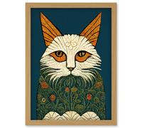 Artery8 Melancholy Moggie Cat Illustration William Morris Style Teal Gold Artwork Framed Wall Art Print A4 in Light Oak Artery8 Light Oak