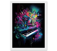 Artery8 Melodic Explosion Piano Bursting in Vibrant Colours Modern Acrylic Paint Painting Artwork Framed Wall Art Print A4