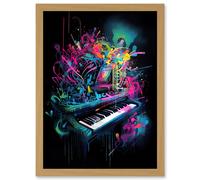 Artery8 Melodic Explosion Piano Bursting in Vibrant Colours Modern Acrylic Paint Painting Artwork Framed Wall Art Print A4