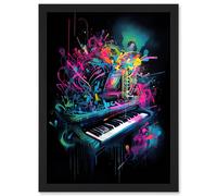 Artery8 Melodic Explosion Piano Bursting in Vibrant Colours Modern Acrylic Paint Painting Artwork Framed Wall Art Print A4