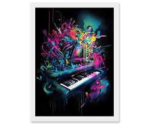 Artery8 Melodic Explosion Piano Bursting in Vibrant Colours Modern Acrylic Paint Painting Artwork Framed A3 Wall Art Print