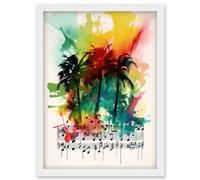 Artery8 Melodic Oasis Tropical Palm Tree Sonata Music Modern Splat Paint Watercolour Painting Artwork Framed Wall Art Print A4 in White Artery8 White