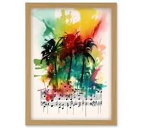 Artery8 Melodic Oasis Tropical Palm Tree Sonata Music Modern Splat Paint Watercolour Painting Artwork Framed Wall Art Print A4 in Light Oak Artery8 Light Oak