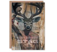 Artery8 Birthday Card Abstract Deer Boy Head Man Tattoo Punk Stag For Him Husband Partner Greeting Card