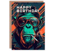 Artery8 Men's Birthday Card Biker Chimp Neon Cyberpunk 1980s For Him Dad Brother Son Papa Grandad Greeting Card in Orange Artery8 Orange