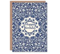 Artery8 Men's Birthday Card Blue Floral Pattern Design Classic Arabesque For Him Dad Brother Son Papa Grandad Greeting Card Artery8 Blue