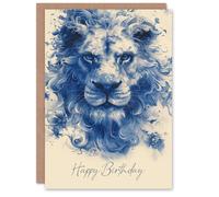 Artery8 Birthday Card Blue Stylised Ethereal Lion with Flowers For Him Man Male Dad Brother Son Papa Grandad Greeting Card