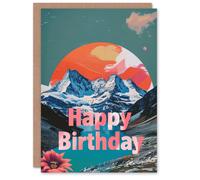 Artery8 Men's Birthday Card Bright Sunset Over Mountains River Retro For Him Dad Brother Son Papa Grandad Greeting Card in Blue Artery8 Blue