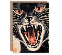 Artery8 Birthday Card Cat Lover Angry Panther Roar Comic Book Style For Him Man Male Dad Brother Son Papa Grandad Greeting Card