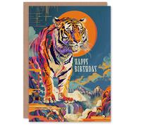 Artery8 Men's Birthday Card Colourful Tiger Japanese Temple Waterfall For Him Dad Brother Son Papa Grandad Greeting Card Artery8 Multicolor