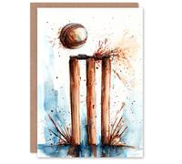 Artery8 Birthday Card Cricket Ball Wicket Watercolour Painting For Him Man Male Dad Brother Son Papa Grandad Greeting Card