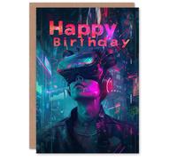 Artery8 Men's Birthday Card Cyberpunk Neon Portrait VR Future For Him Dad Brother Son Papa Grandad Greeting Card in Pink Artery8 Pink